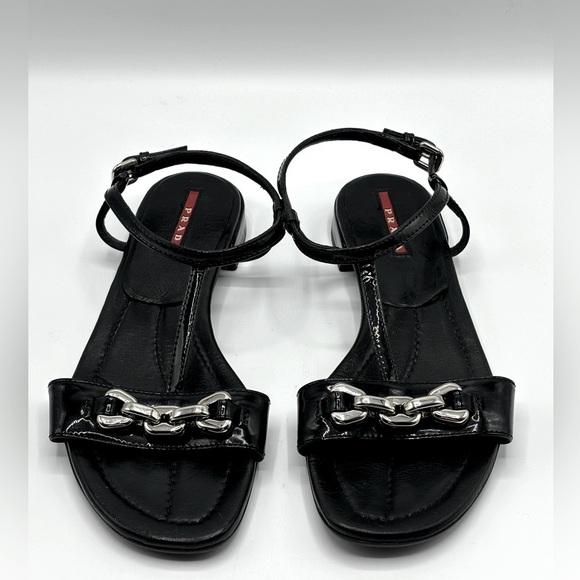 PRADA Black Patent Leather Sandals with Silver Block‎ Chain Detail - Picture 5 of 10